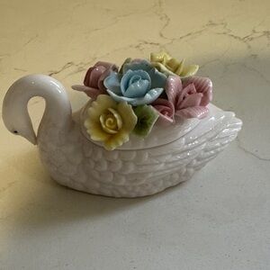 Elegant Vintage Swan Porcelain Figurine with Colorful Flowers